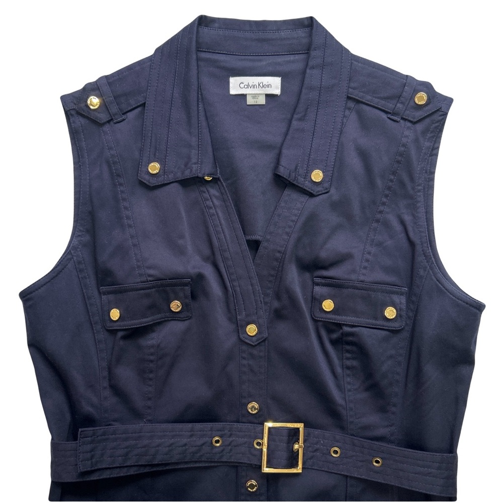 Calvin Klein Shirt Dress Women’s Sz 12 Navy Blue Sleeveless Midi V-Neck Belt - Picture 3 of 12